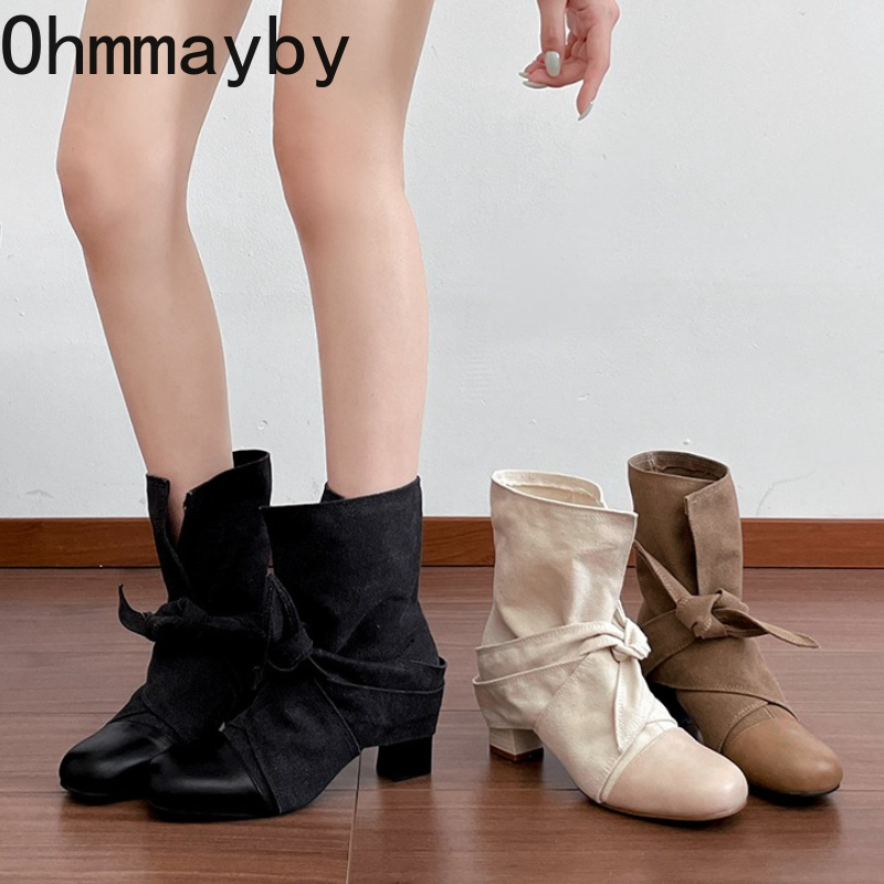 Block Heel Ankle Boots - Damskie botki z okrągłym noskiem, zamszowe,