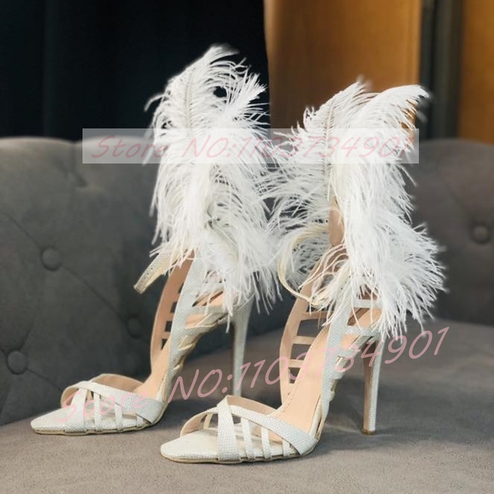 Women'S Shoes Trendy - Sandały na szpilce z piórami i