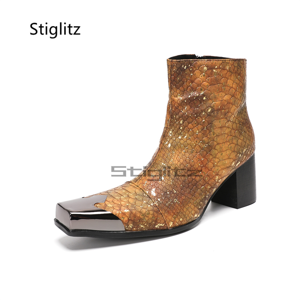 Block Heel Ankle Boots - Złoto-brązowe męskie botki z motywem węża,