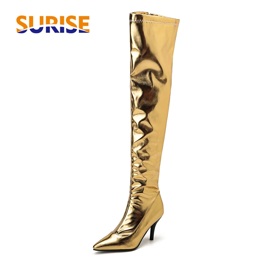 Block Heel Ankle Boots - Damskie buty za udo Silver Gold
