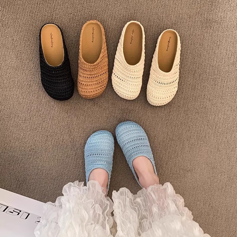 Women Shoes Mules - Damskie klapki z rafii, tkane, letnie,