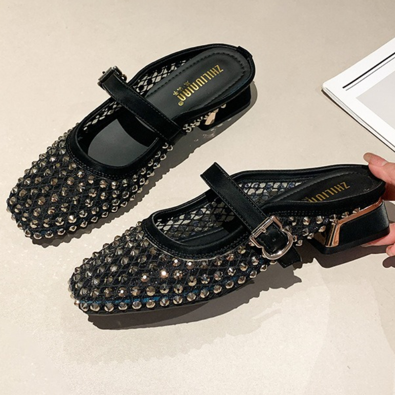 Women Shoes Mules - Klapki damskie z siateczki, zdobione dżetami,