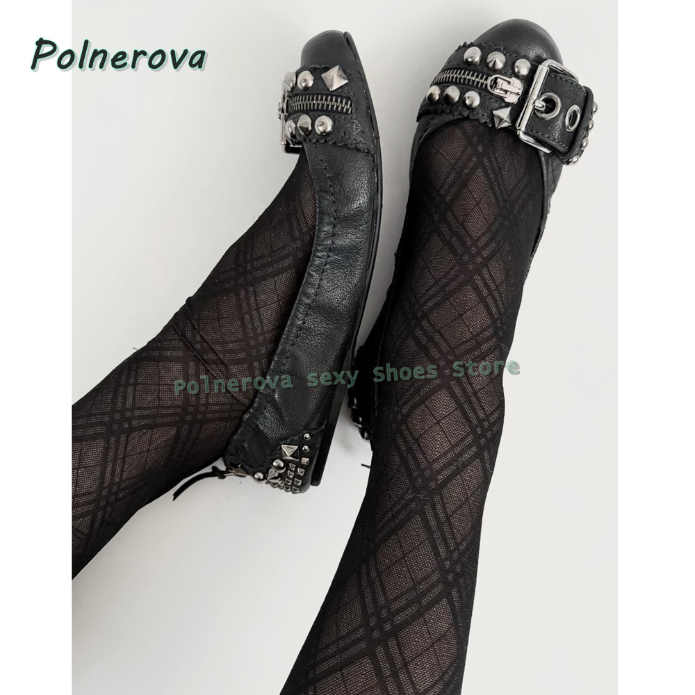 Women Shoes Zipper - Buty Mary Jane z nitowaną klamrą,