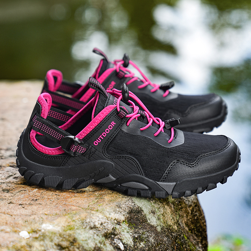 Women Shoes Big W - Klasyczne czarno-czerwone damskie buty trekkingowe duży