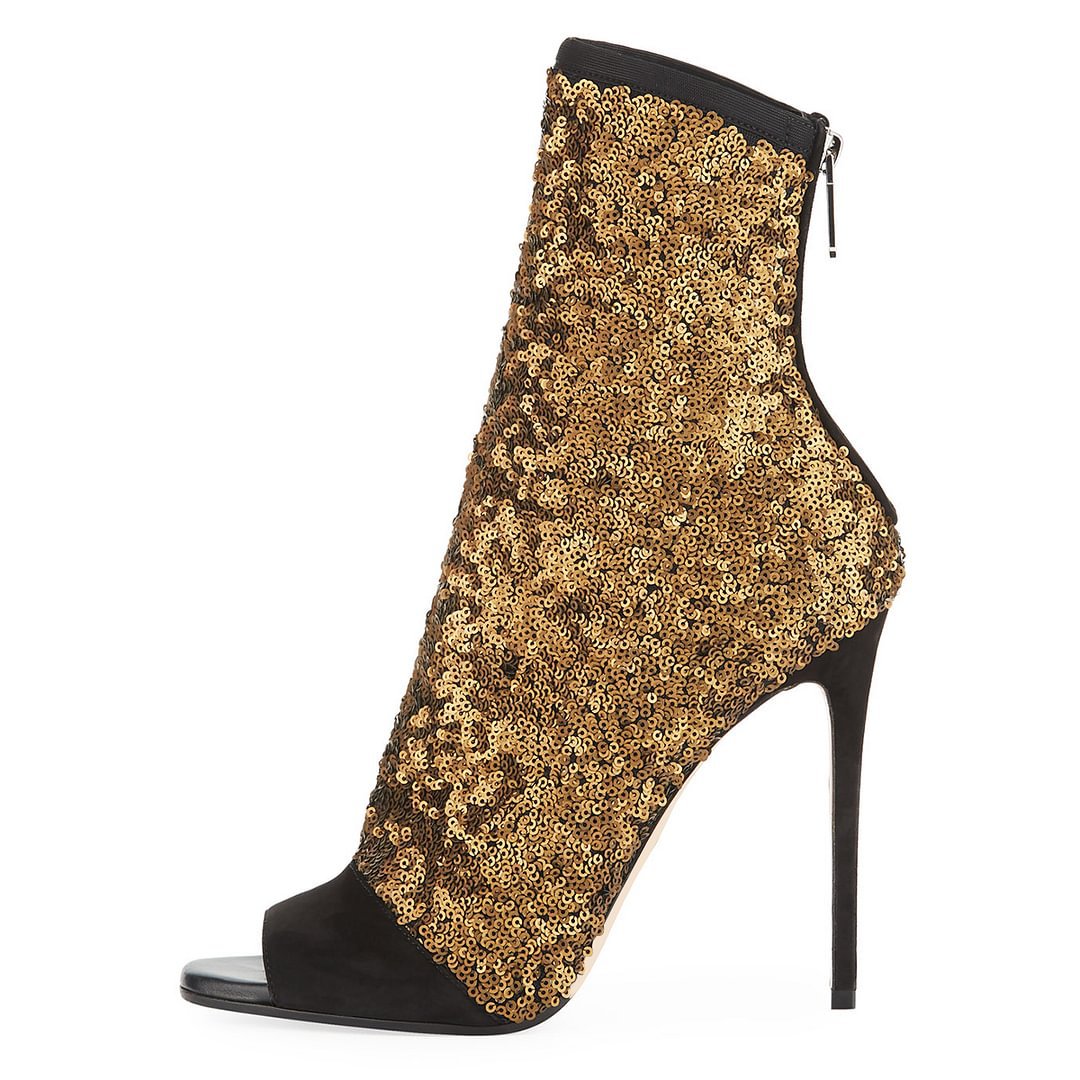 Women Shoes Zipper - Patchworkowe, błyszczące sandały-botki damskie z odkrytymi